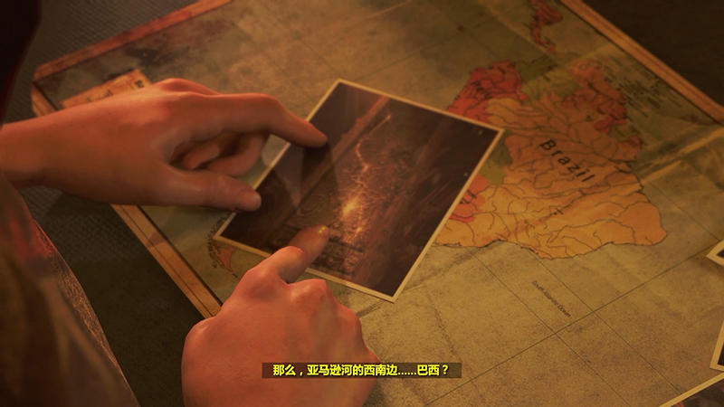 桌上放了一张巴西地图,和一个照片,劳拉从得到的线索推断她们下一个目的地是巴西