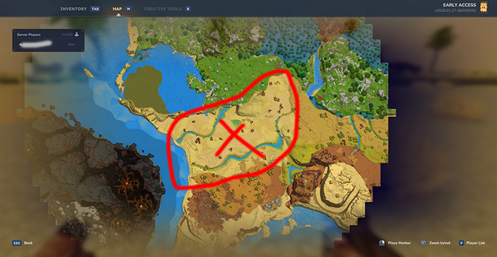 Hytale世界地图,红叉处标出了沙漠地形所在处